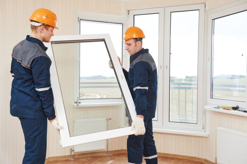 installers installing glass window