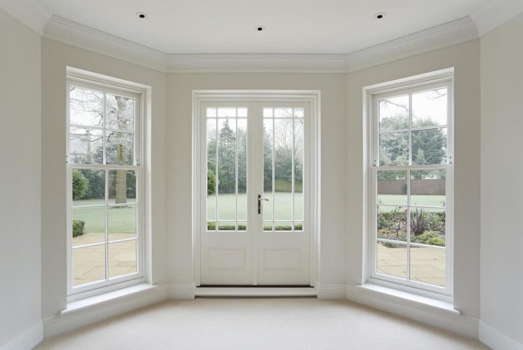 White glazed French doors between large windows, facing a garden patio.