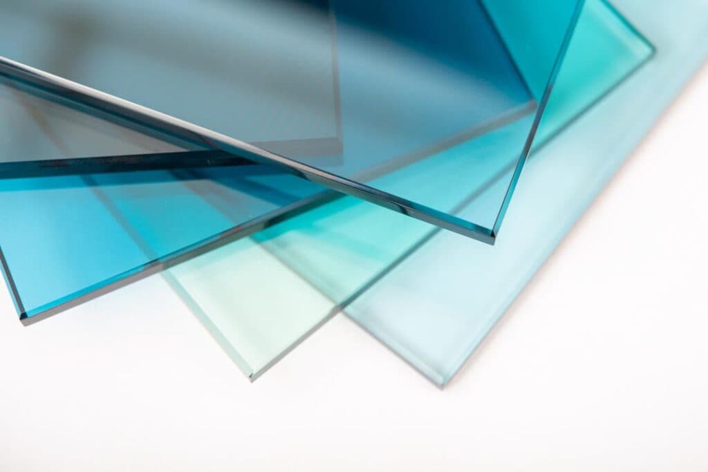 Stacked sheets of blue-tinted glass