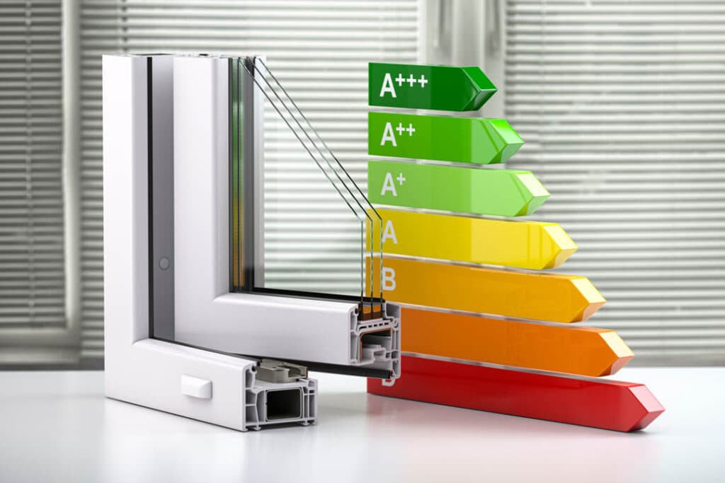 Window frame cross-section beside an energy-rating chart