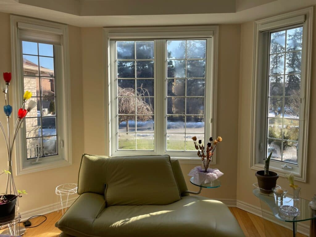 Living room with a green sofa and white multi-pane windows