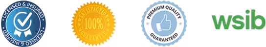 Licensed and insured, satisfaction, premium quality, and WSIB badges