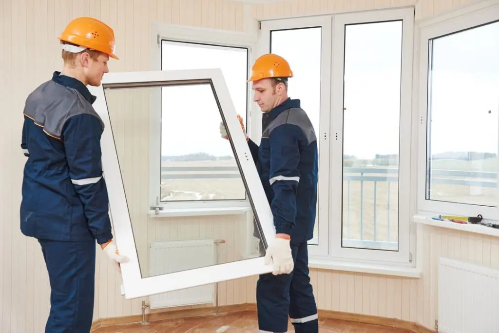 installers installing glass window