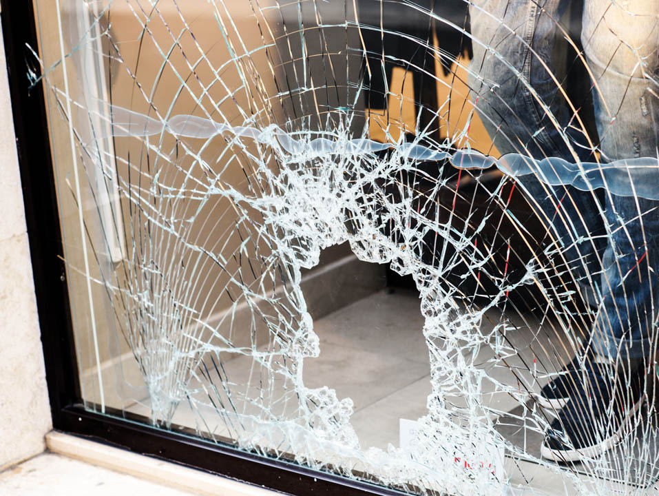 huge crack and broken glass window